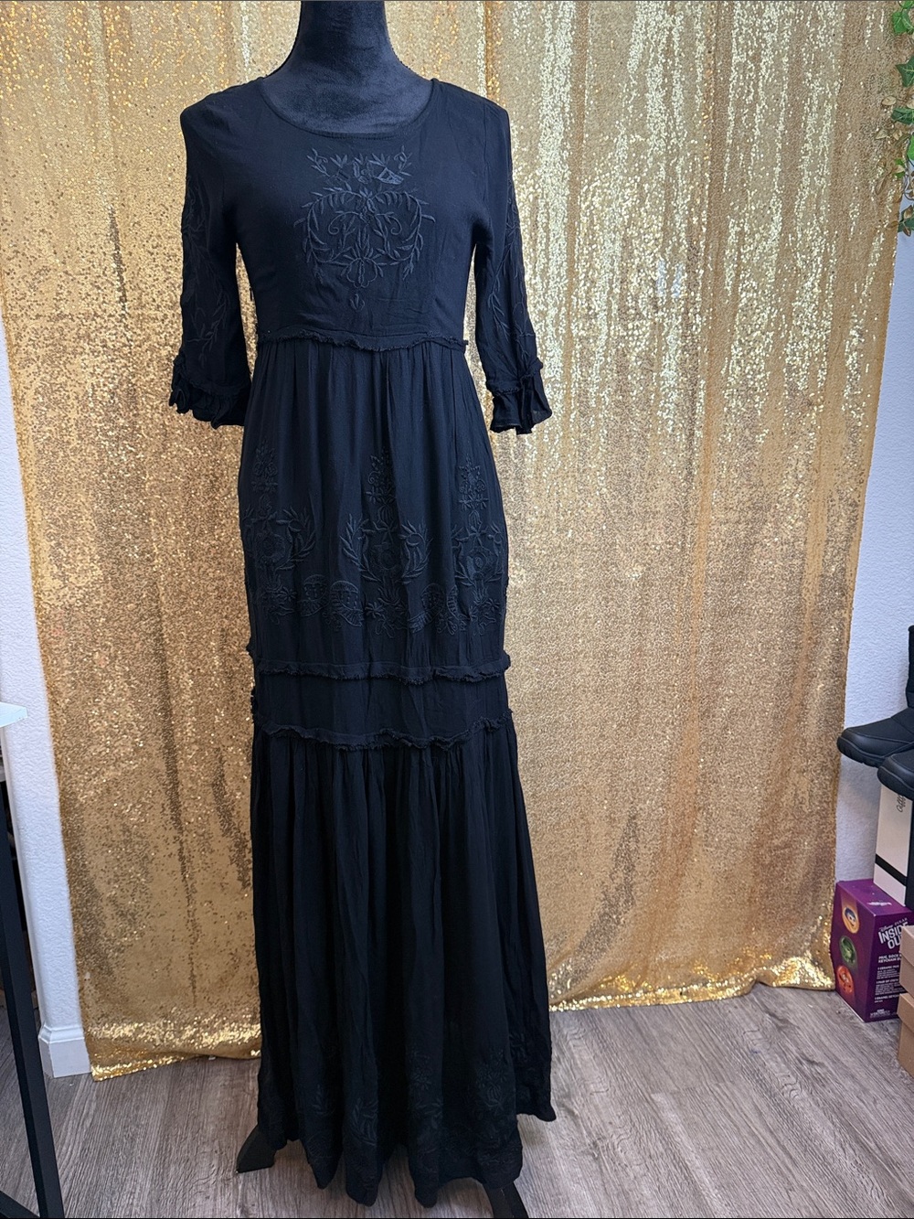 Black Embroidered Tiered Maxi Dress - Elegant Longline Style